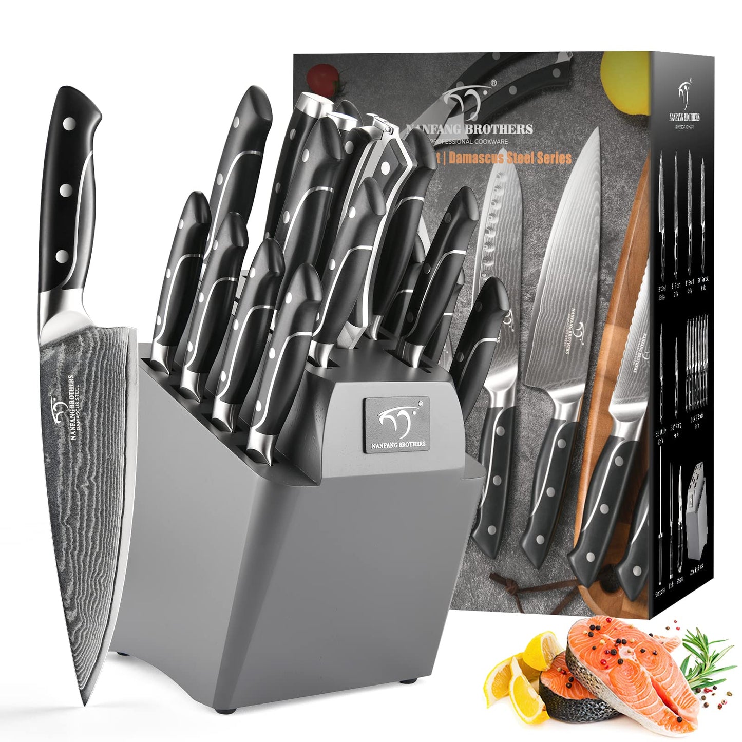 NANFANG BROTHERS Damascus Knife 18-Piece VG10 Core Steel Kitchen & Steak Knife Set with Wooden Block