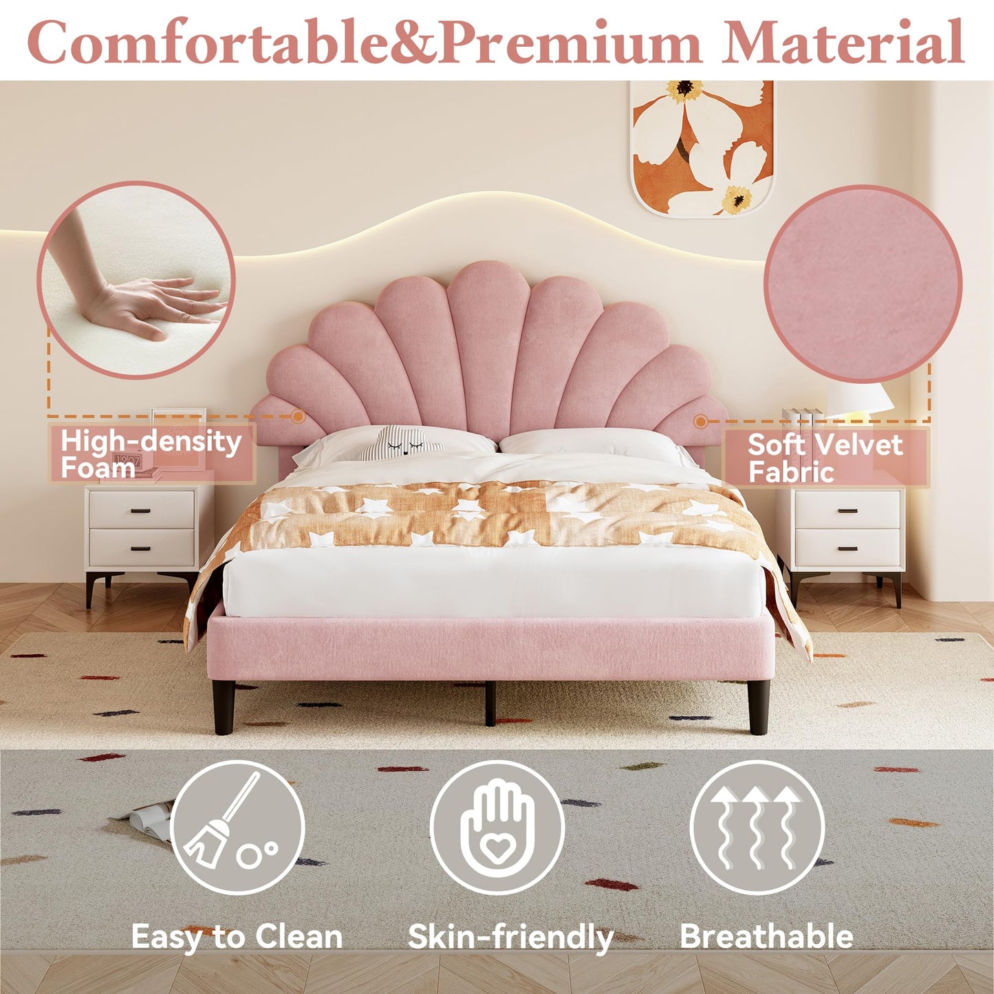 Merax Double bed frame, 4ft6 Double Upholstered Bed, Adjustable Chic Petal Headboard, Sturdy Wooden Slat Support, Velvet Fabric (No Mattress)