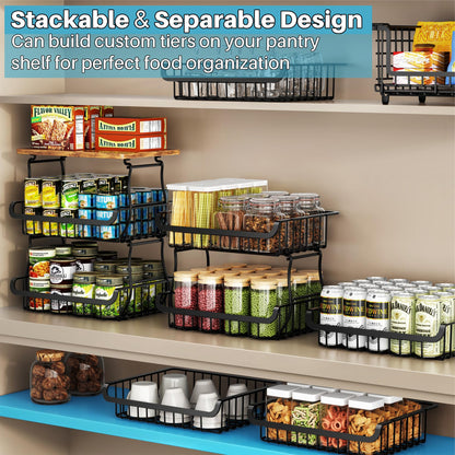 4 Tier Pantry Organisers and Storage Cart with Rolling Wheels, Stackable Metal Baskets for Pantry Shelves