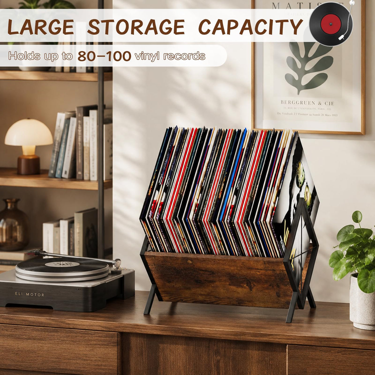 NBOUOU Vinyl Record Storage Rack, Record Holder with Adjustable Divider 80 LP Capacity, Magazine Rack Brown Retro Style Organizer