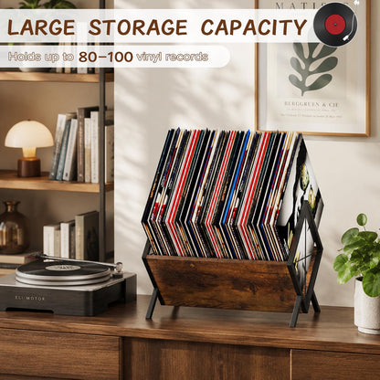 NBOUOU Vinyl Record Storage Rack, Record Holder with Adjustable Divider 80 LP Capacity, Magazine Rack Brown Retro Style Organizer