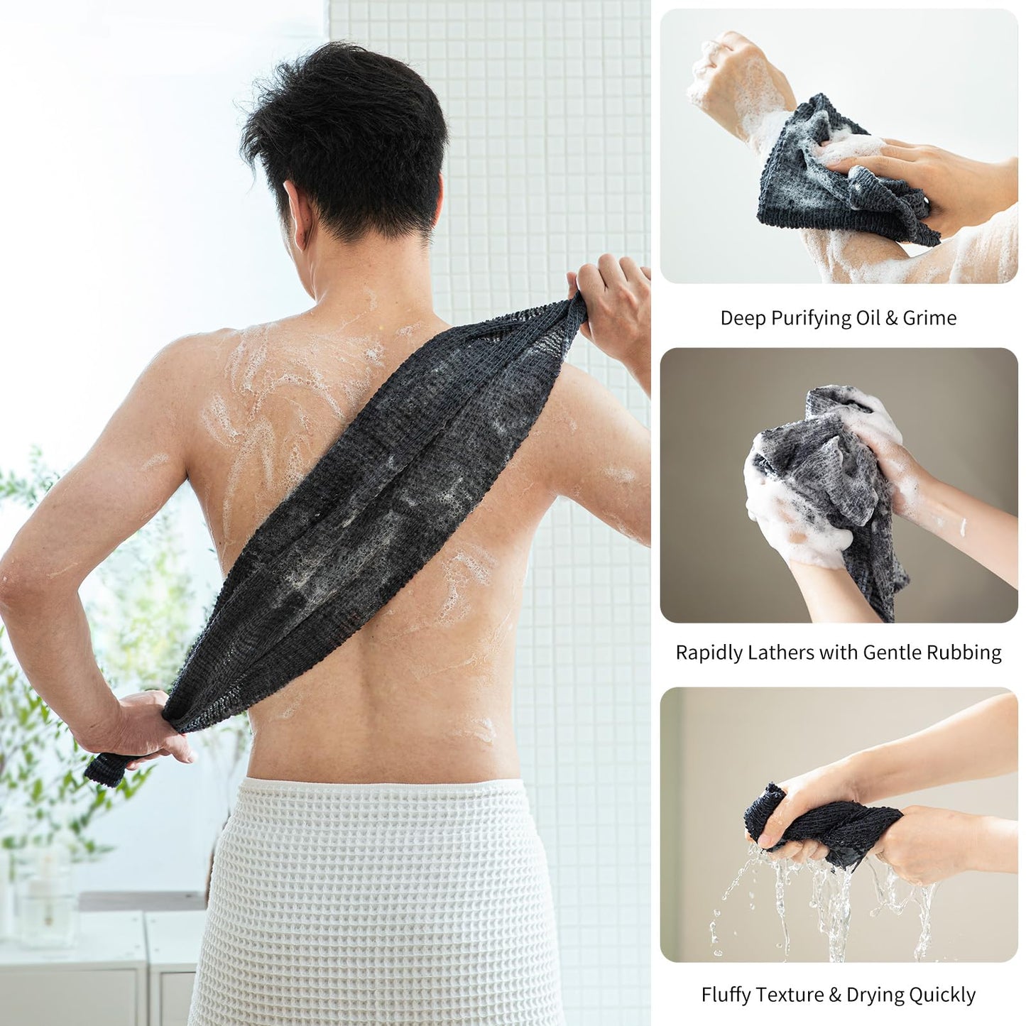 SHIMOYAMA Exfoliating Bath Towel, 2 Pack, Nylon Japanese Shower Towel, 100cm Extra Long Back Scrubber Washcloth for Men Women (Black)
