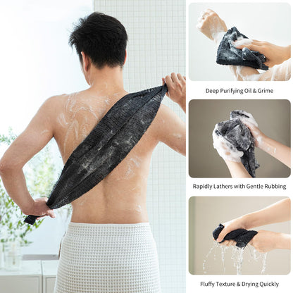 SHIMOYAMA Exfoliating Bath Towel, 2 Pack, Nylon Japanese Shower Towel, 100cm Extra Long Back Scrubber Washcloth for Men Women (Black)