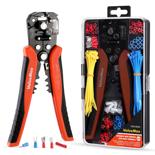 ValueMax Automatic Wire Stripper Crimper Set, 3-in-1 Stripper Cutter with 266PCS Terminals, Electrical Stripping Pliers AWG 24-10 (0.2-6.0 mm?) for