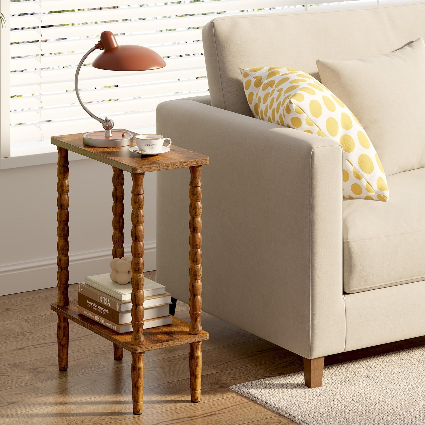 TUTOTAK Narrow Side Table, 2-Tier Small End Table with Storage, Slim Skinny Nightstand for Small Spaces, Living Room, Bedrooms