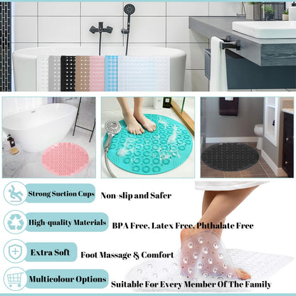 Shower Bath Mat 53x53cm,Extra Round Shower Mat Anti Mould Bath Mats Pink,Non Slip Bath Mat for Tub,Shower Mats with Suction Cups,Drain Holes,Machine