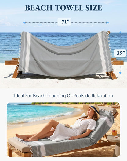 LANE LINEN Turkish Beach Towel, 2 Pack Towels Oversized, 39"x71", Cotton Rich Quick Dry Pool Towels for Adults, Absorbent Sand Free