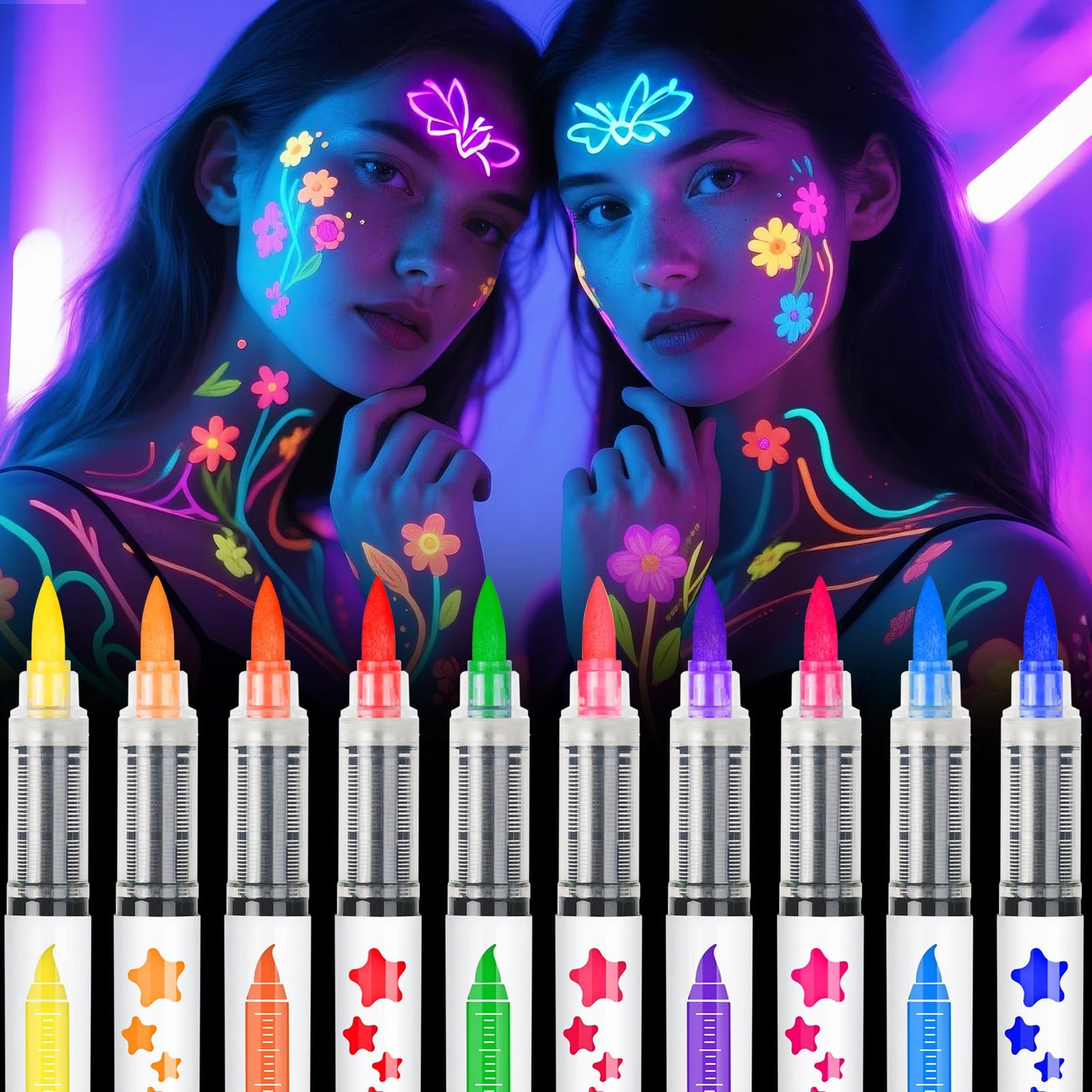 nsxsu Glow in the Dark Face Paint Pens 10 Color, Neon Face Paint Markers, UV Body Paint Kit Glow Under Blacklight, Temporary Tattoo Pens for Glow
