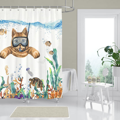 BREASOME Funny Cat Shower Curtain 180 x 180 cm Cute Cat Diving Swimming Shower Curtain for Bathroom Decor Mould Proof Waterproof Polyester Fabric