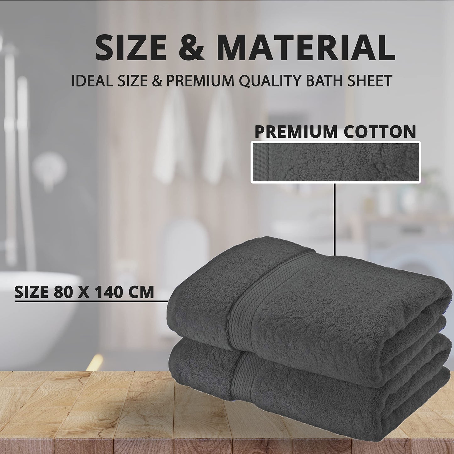 NAUSHA 2 x Super Large Bath Sheets Towels (80 x 140cm) 100% Egyptian Cotton 600 GSM (Charcoal Grey)