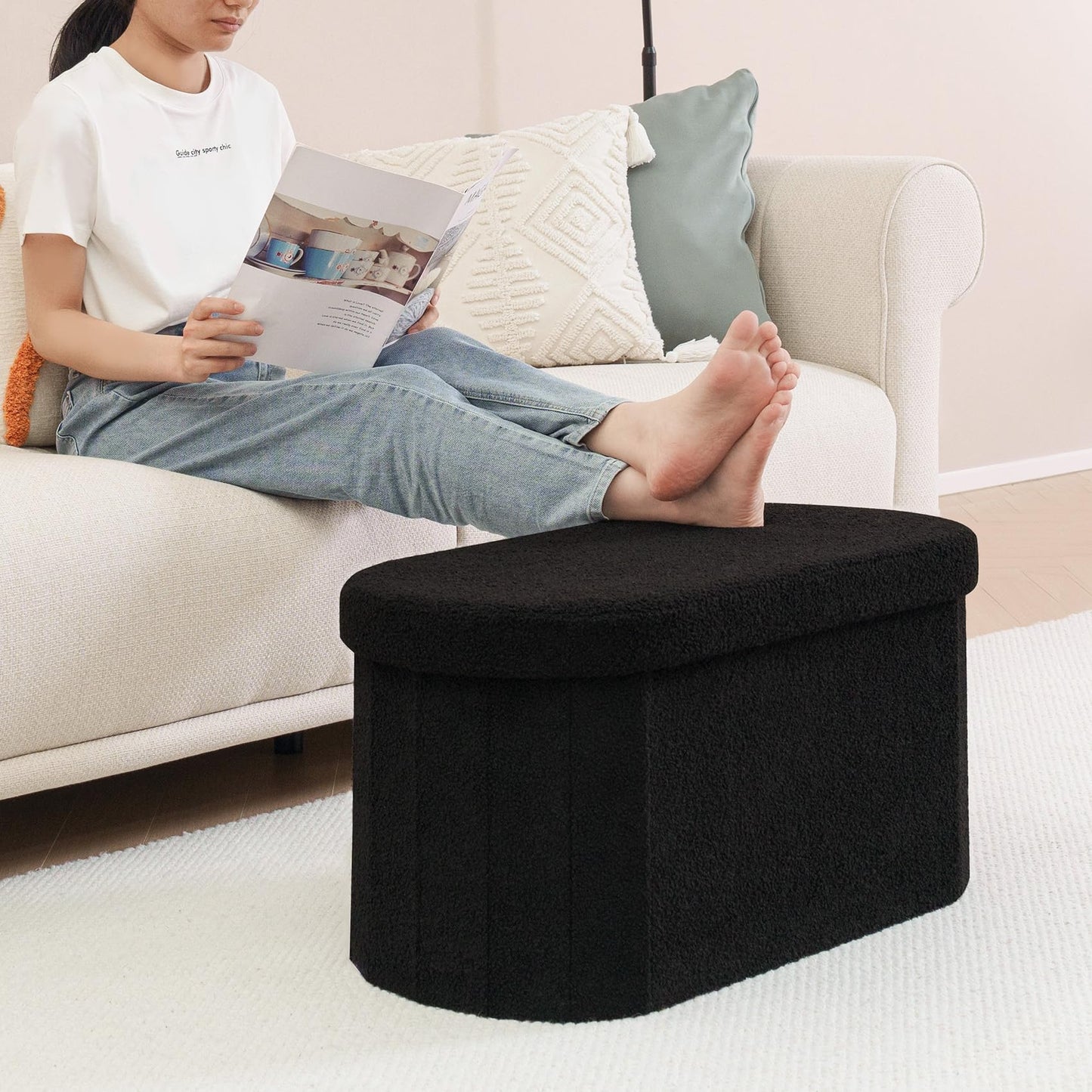Bonlife Folding Ottoman Storage Bench,Boucle Footstool Oval, End of Bed Stool, Ideal for Living Room, Bedroom,76x38x38cm,Black