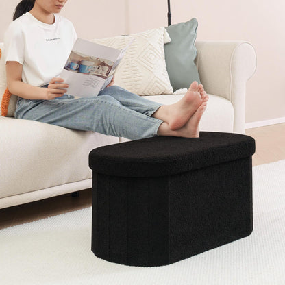 Bonlife Folding Ottoman Storage Bench,Boucle Footstool Oval, End of Bed Stool, Ideal for Living Room, Bedroom,76x38x38cm,Black
