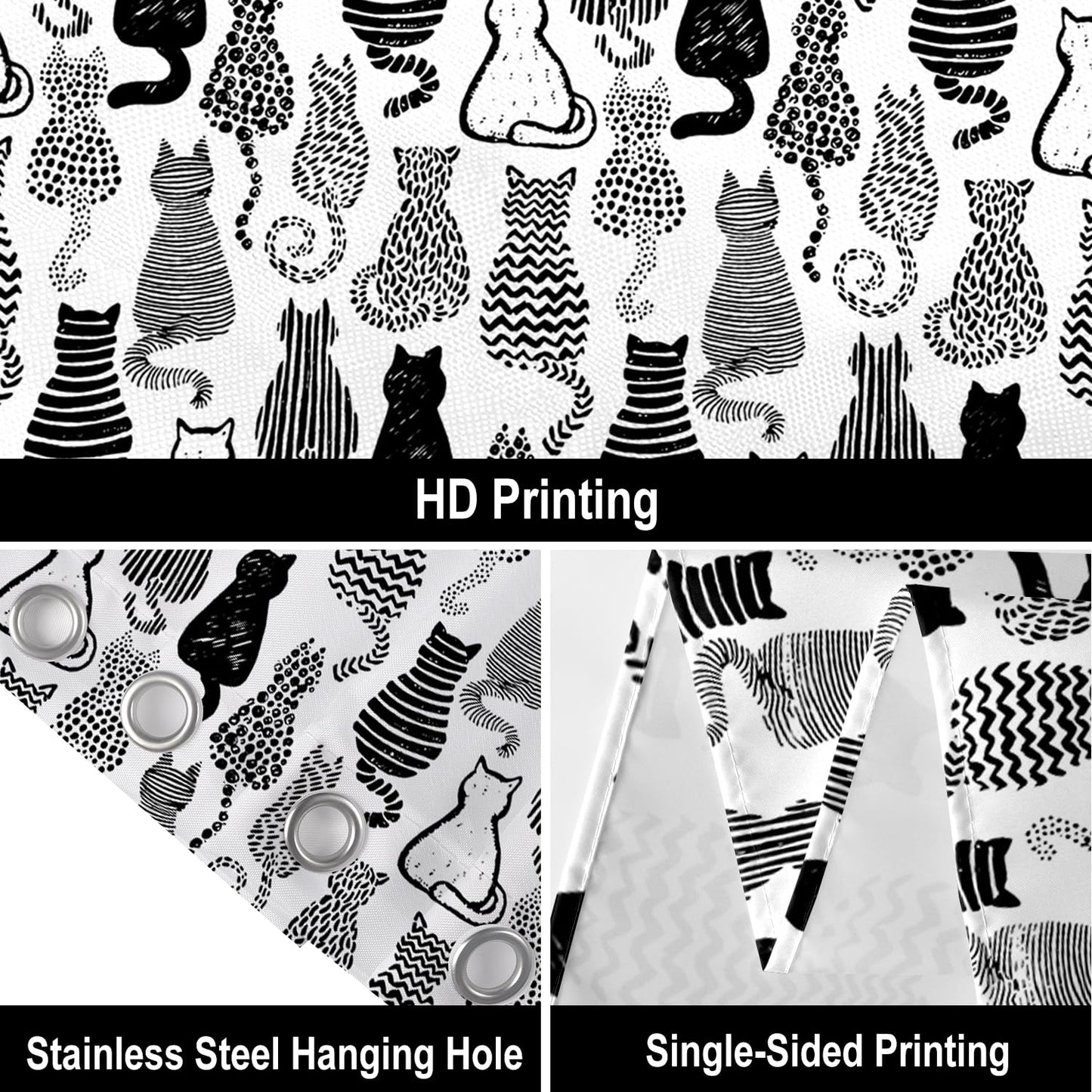 GCIREC Shower Curtain, 180x200cm, Cute Cat Funny Black and White Cartoon Kitty Waterproof Fabric Machine Washable Bathroom Curtain with Hooks
