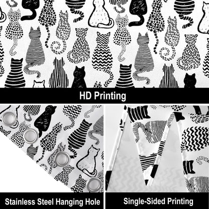 GCIREC Shower Curtain, 180x200cm, Cute Cat Funny Black and White Cartoon Kitty Waterproof Fabric Machine Washable Bathroom Curtain with Hooks