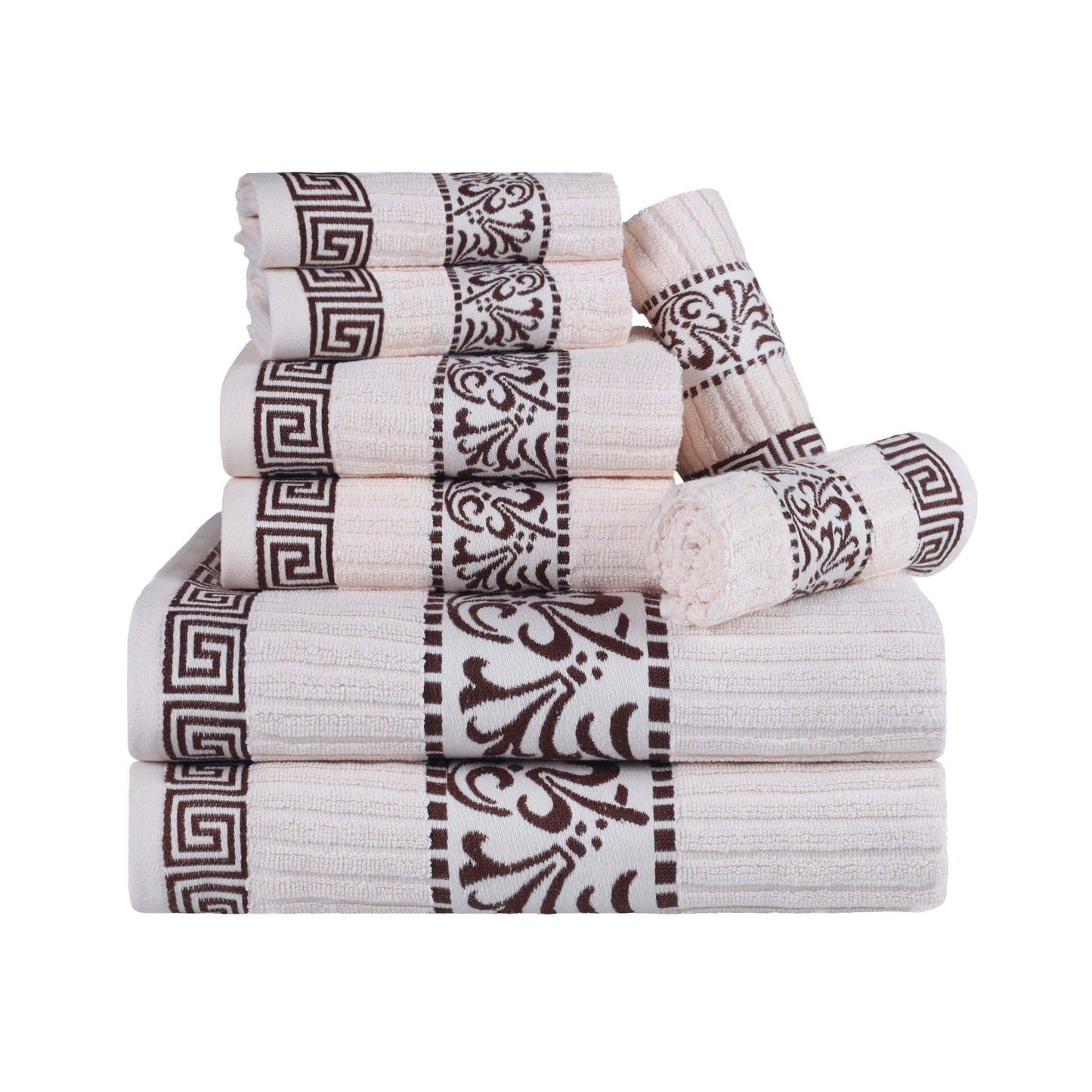 Superior 8 Piece Cotton Towels, Highly-Absorbent Plush Decorative Bohemian, Greek Key Trim Jacquard Dobby Border, Face Towels 13” x 13”