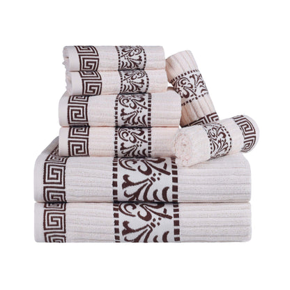 Superior 8 Piece Cotton Towels, Highly-Absorbent Plush Decorative Bohemian, Greek Key Trim Jacquard Dobby Border, Face Towels 13” x 13”