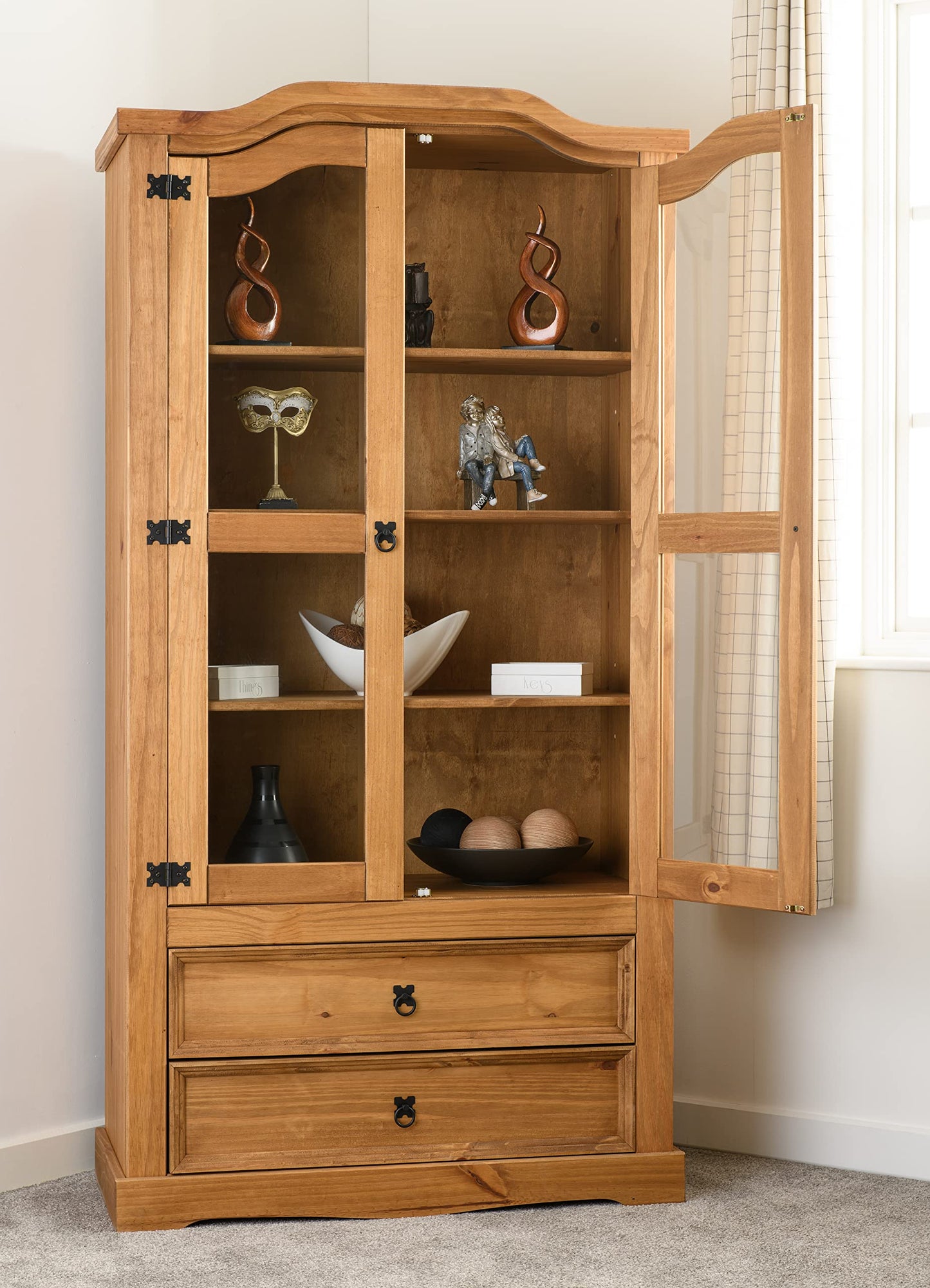 Seconique Corona 2 Door 2 Drawer Glass Display Unit,Distressed Waxed Pine