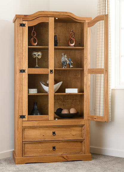 Seconique Corona 2 Door 2 Drawer Glass Display Unit,Distressed Waxed Pine