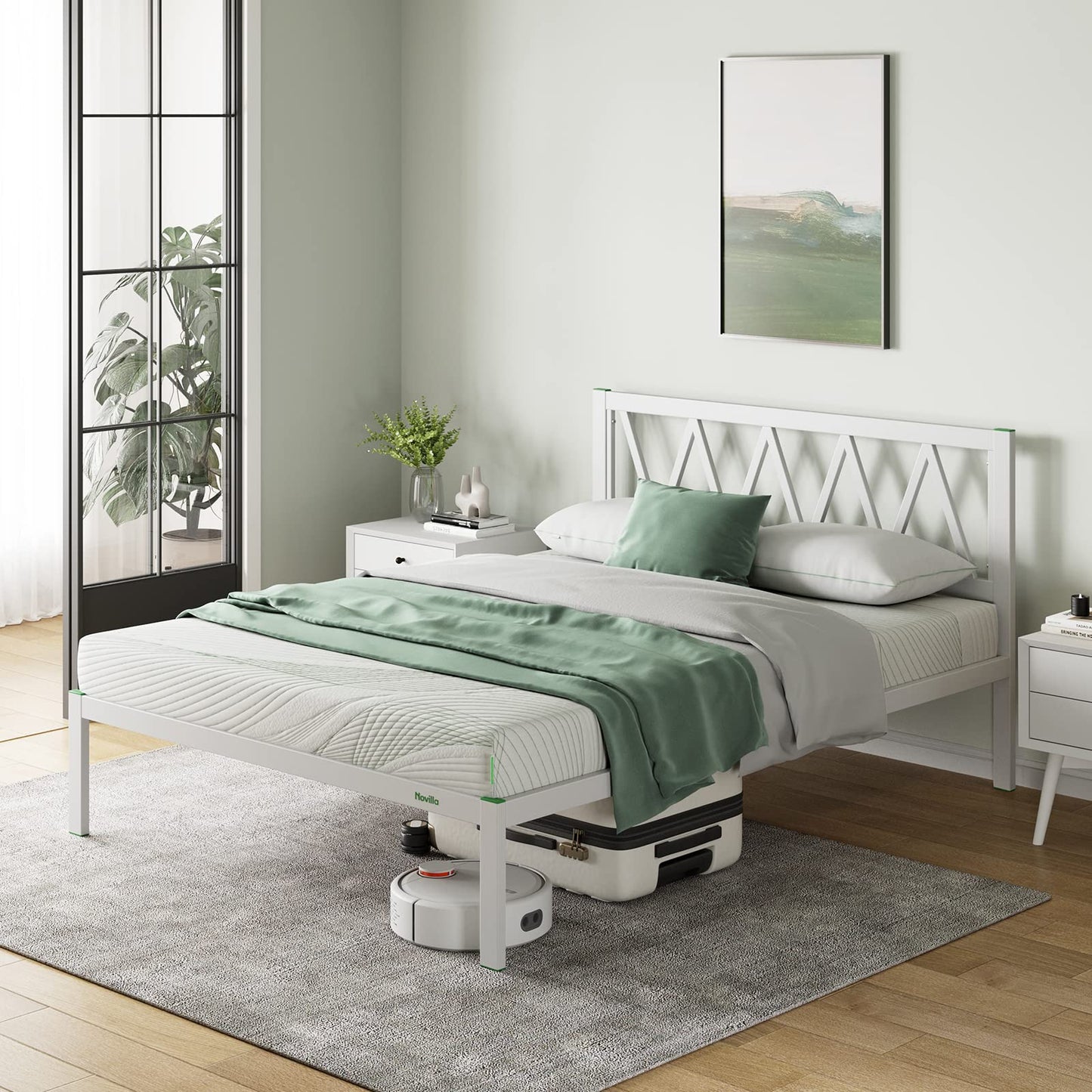 Novilla 30.5cm Metal Double Bed Frame, 4FT Platform Bed Frame with Headboard, Engineered Wood Slat Support, Solid Support Leg, Underbed Storage Space