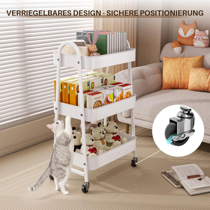 StowBin 3 Tier Metal Rolling Cart Kitchen Storage Cart with Wheels Serving Cart for Living Room Bathroom Office Bedroom White