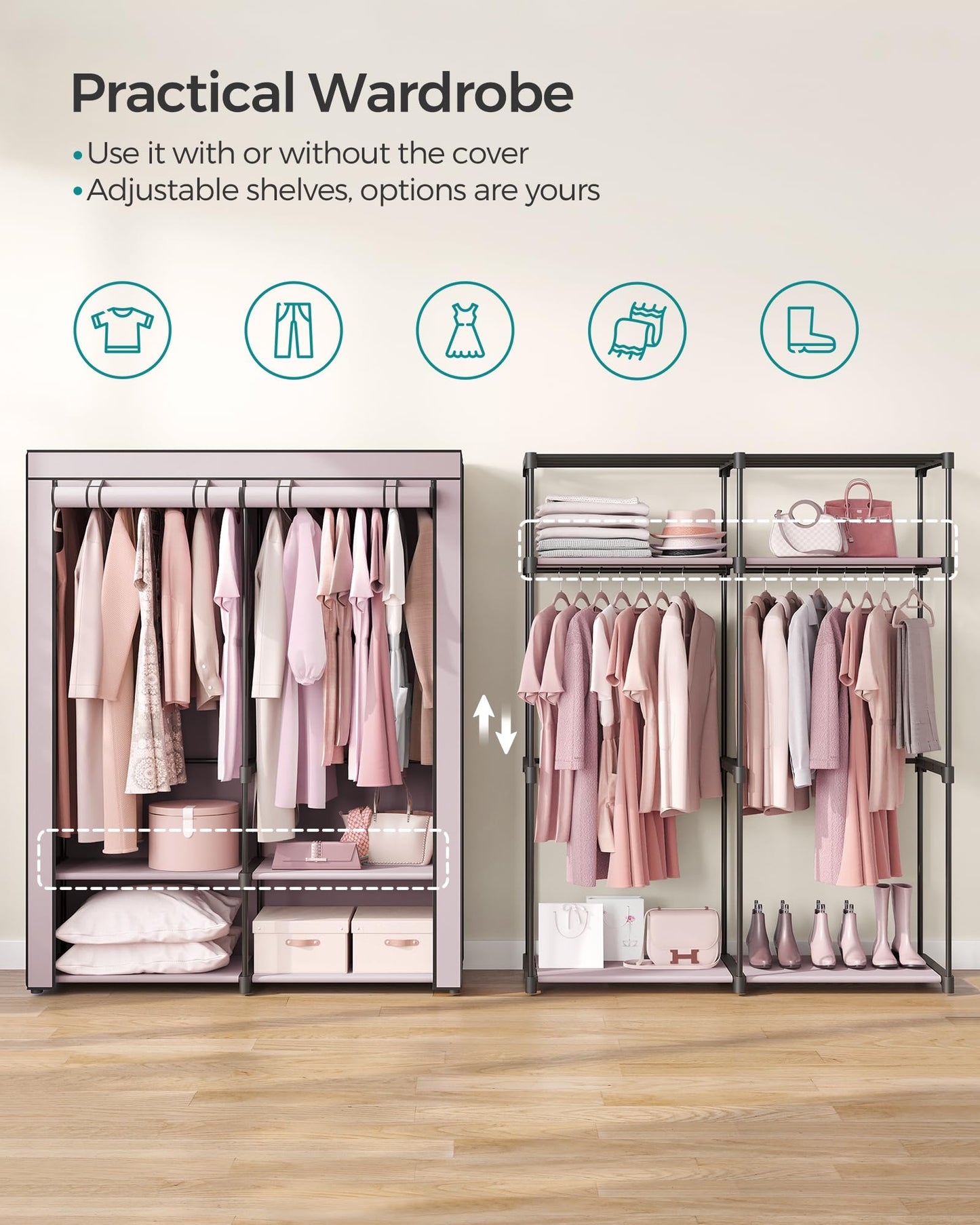 SONGMICS Wardrobe, Clothes Storage Wardrobe for Bedroom with 2 Clothes Rails, Fabric Portable Wardrobe, Collapsible, Clothes Rack, for Closet, 140 x