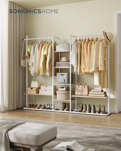 SONGMICS HOME Clothes Rail, Clothes Rack with Shoe Shelf, Heavy-Duty Storage Rack, 6 Storage Shelves, 2 Hanging Rails, Matchstick-Shaped Hooks