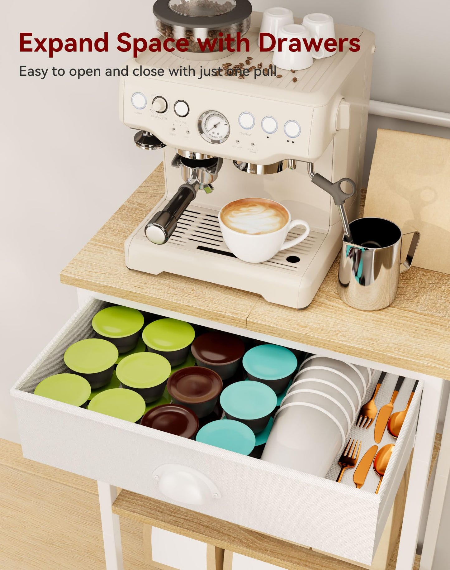 YMYNY 5 Tier Coffee Bar Station, Coffee Stand with Fabric Drawers, 8 S-Shaped Hooks, Corner Bar Cabinet, Height Adjustable, Bakers Rack for Kitchen
