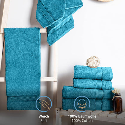 Komfortec Set of 8 100% Cotton Towels 470 g/m², 4 Bath Towels 70 x 140 cm and 4 Hand Towels 50 x 100 cm, Soft Terry Towelling, Large Size, Turquoise