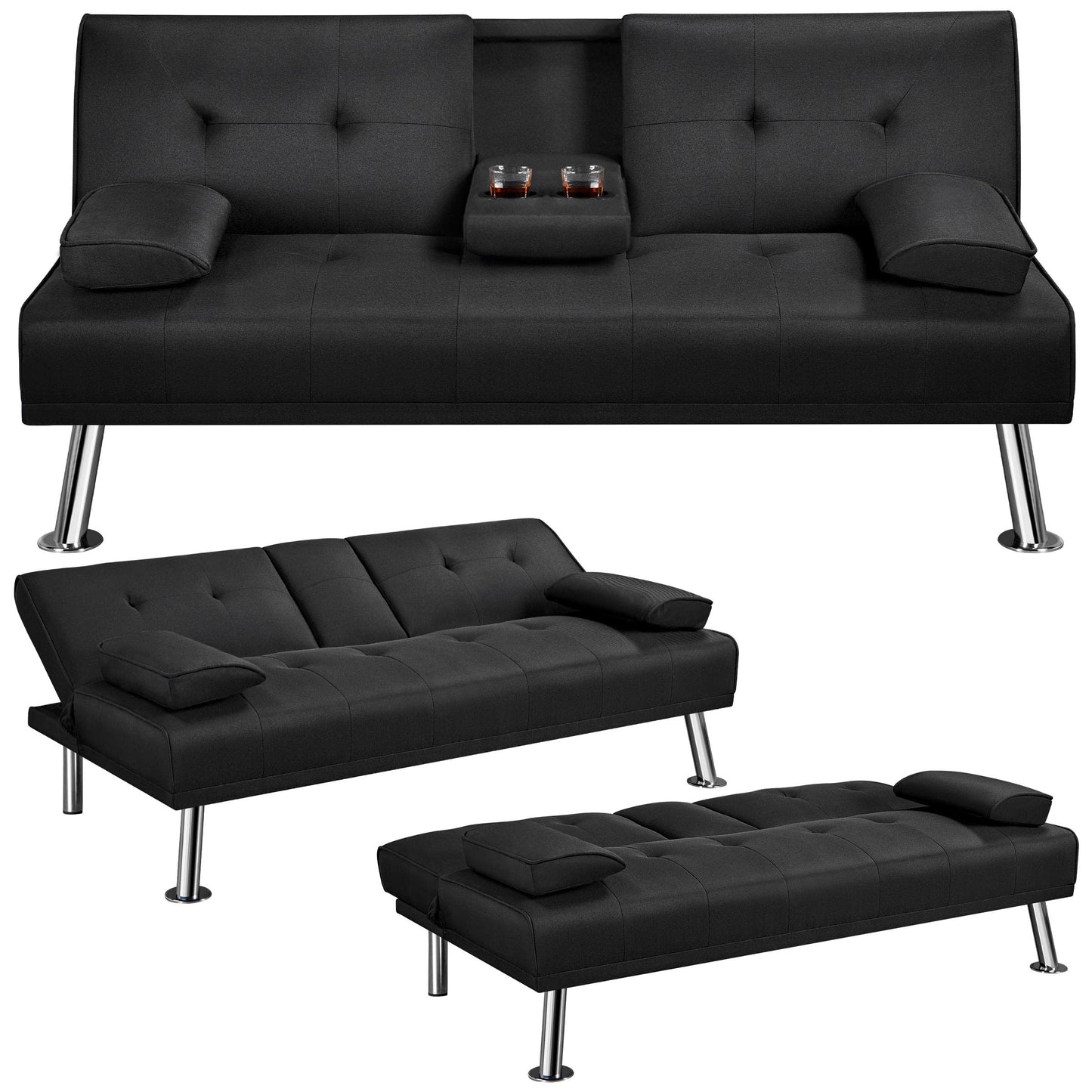 Yaheetech Black 3-in-1 Convertible Sofa Bed with Cup Holder Adjustable Back