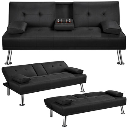 Yaheetech Black 3-in-1 Convertible Sofa Bed with Cup Holder Adjustable Back