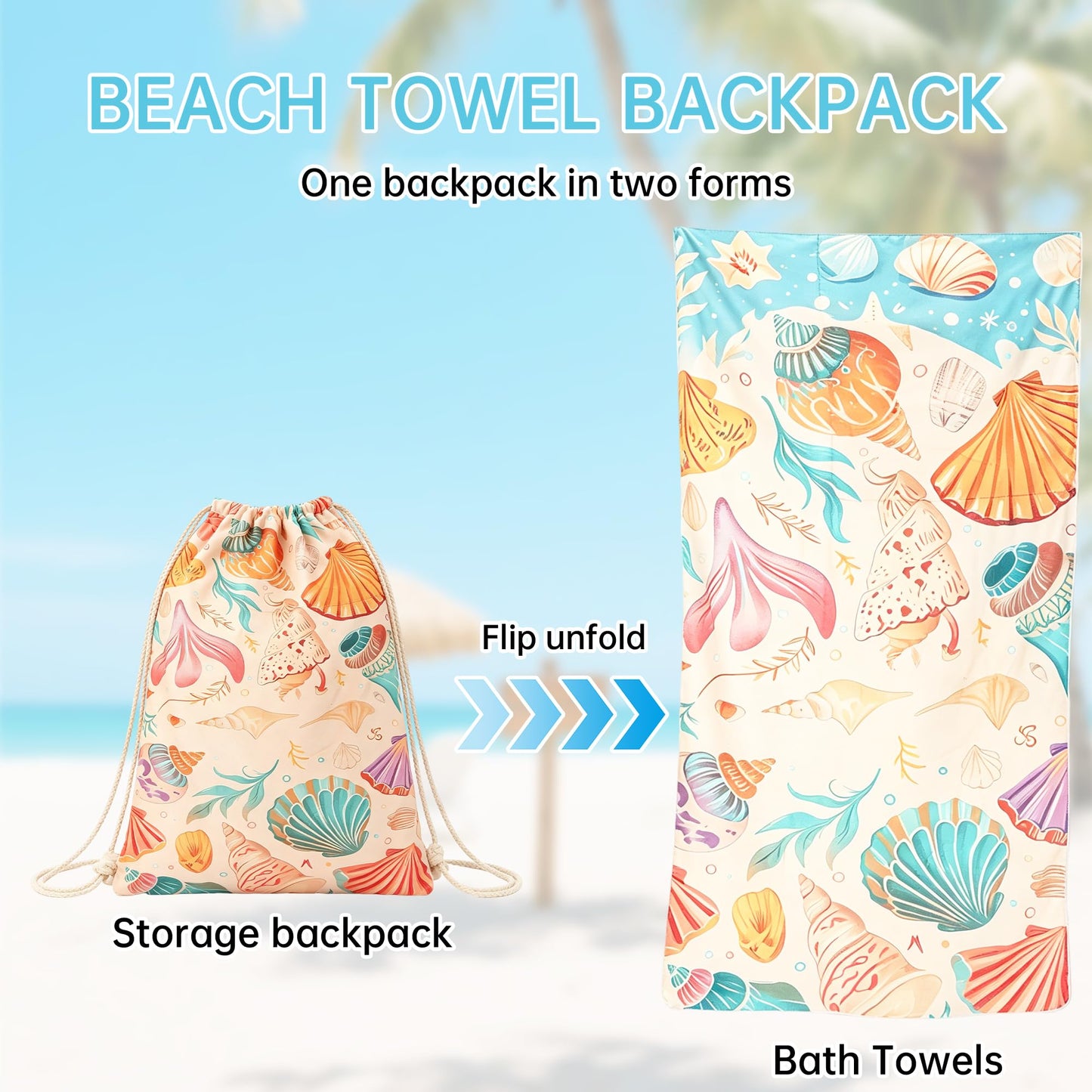 Senshuomy 2-in-1 Beach Towel Bag, Convertible Drawstring Beach Towel Backpack, Sand Free Quick Dry Microfiber Beach Towel for Adults