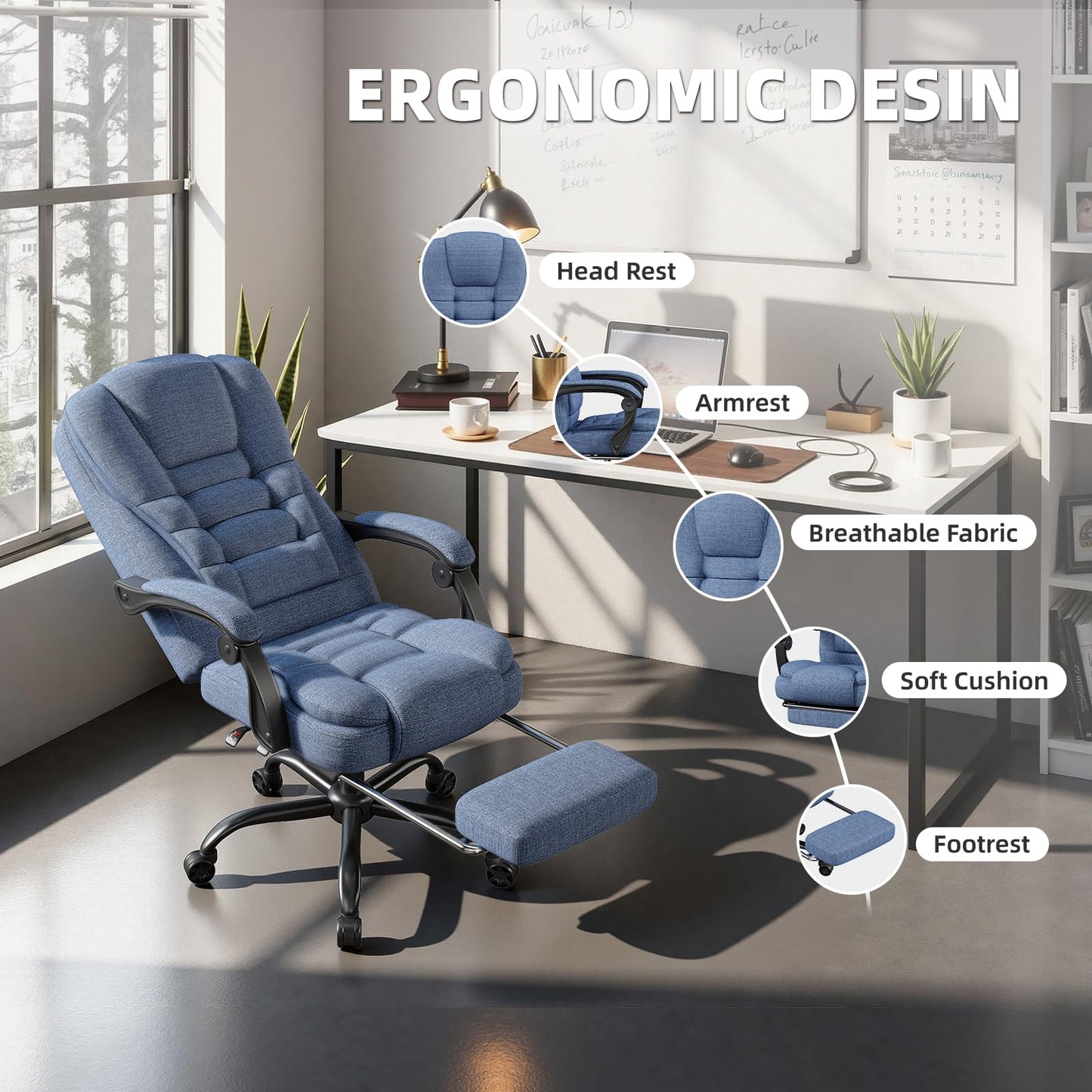 SITMOD Fabric Desk Chair with Footrest, Blue Ergonomic Office Chair for Study, Computer Chair with Pocket Spring Cushion
