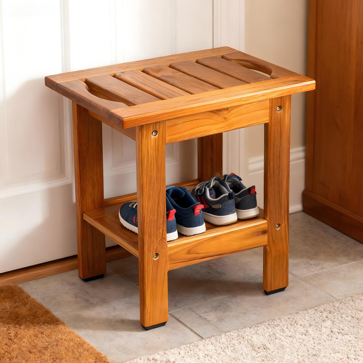 VaeFae Teak Small Shower Bench, 2-Tier Stool with Shelf & Non-Slip Feets