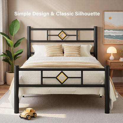 Feonase Single Bed Frame 3ft with Headboard & Footboard, Single Metal Bed Frame with Heavy Duty Metal Slat Support, Ample Under-bed Storage
