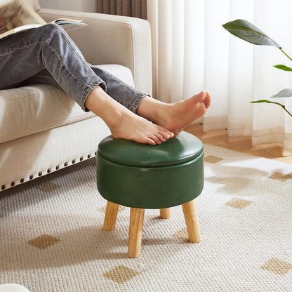 IBUYKE 13 Inch Small Footstool Ottoman with Storage, Round Pouffe Foot Rest with Padded Seat and Wood Legs