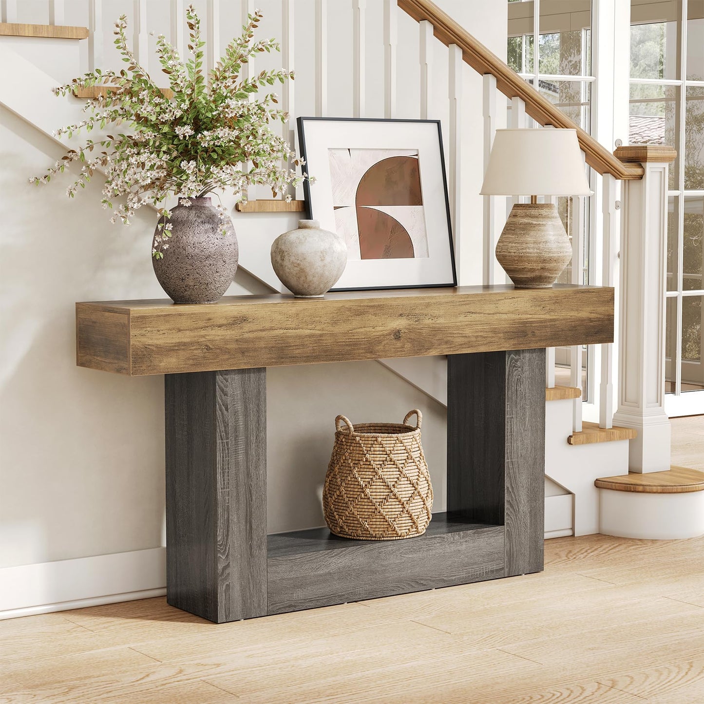 LITTLE TREE 63 Inches Long Console Table, 2-Tier Farmhouse Sofa Table Behind Couch, Large Narrow Entryway Table for Living Room