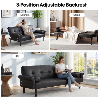 Panana Modern 3 Seater Sofa Bed, Faux Leather Upholstered Sofa bed with Metal Legs,Futon Recliner Lounge for Living Room, Spare Room, Bedroom
