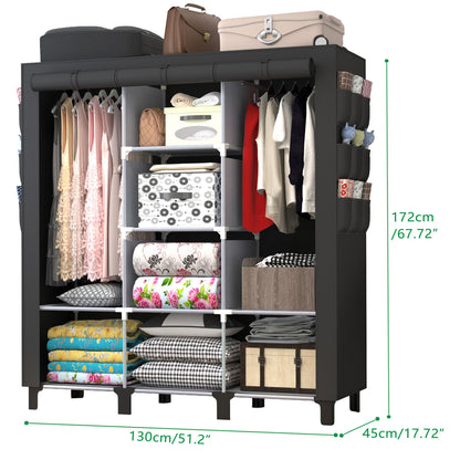 chunyangjingpin Portable Closet with 2 Hanging Rails & 8 Shelves, Bedroom Wardrobe with 18 Side Pockets, Foldable Garment Organiser (Black)