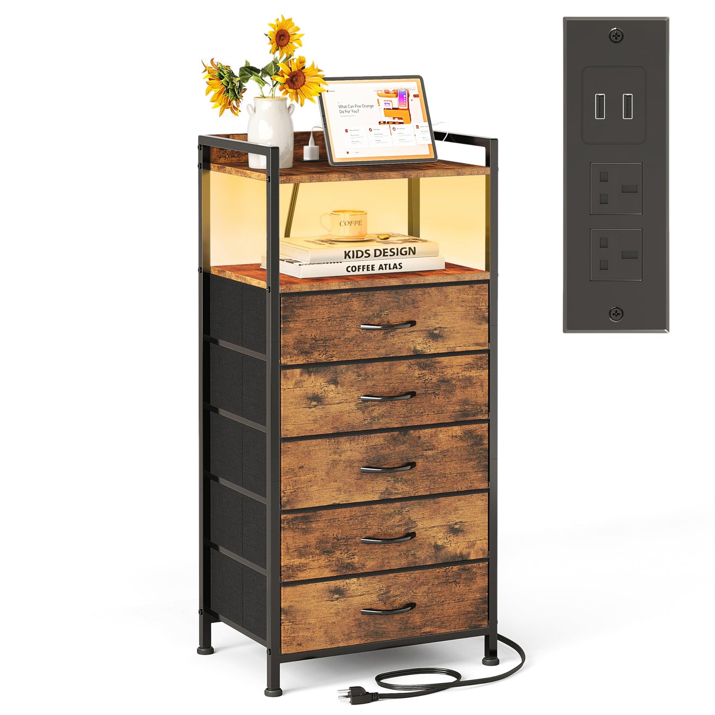 MUTUN Bedside Table with Charging Station and LED Lights, Tall Dresser Nightstand with 5 Drawers Side Table,Open Storge Shelf 2 Outlet & USB & Type-C