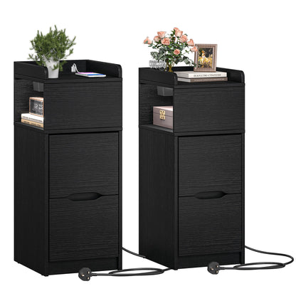 Quikraen 27cm Slim Bedside Tables Set of 2 with Charging Station and LED