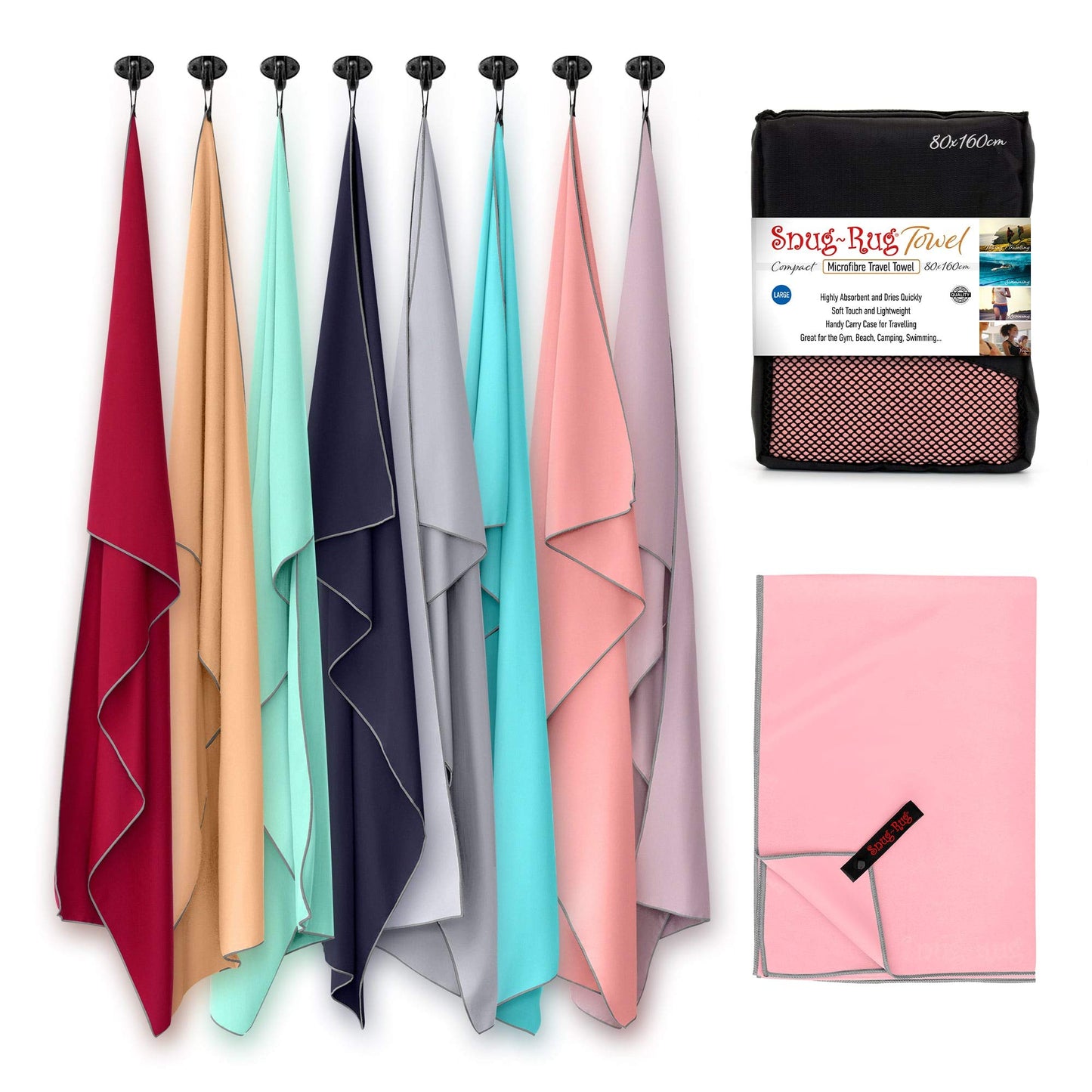 Snug Rug Microfibre BeachTowel Large 80 x 160cm ? Super Absorbent Quick Drying Lightweight Sand Proof Beach Towels Salmon Rose Pink