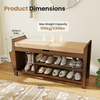 Pamapic Shoe Storage Bench, Bamboo Shoe Bench with Padded Seat, Shoe Storage Cabinet with 3 Compartments, Hidden Storage, Shelf for Entryway