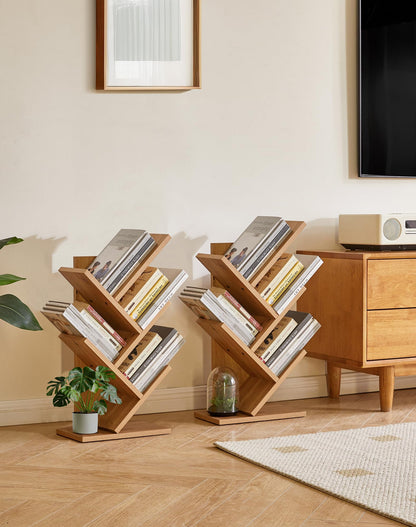 YMYNY 4 Tier Tree Bookshelf, Small Bookcase, Modern Wood Book Storage Rack, Freestanding Book Shelf for Books/Movies/CDs