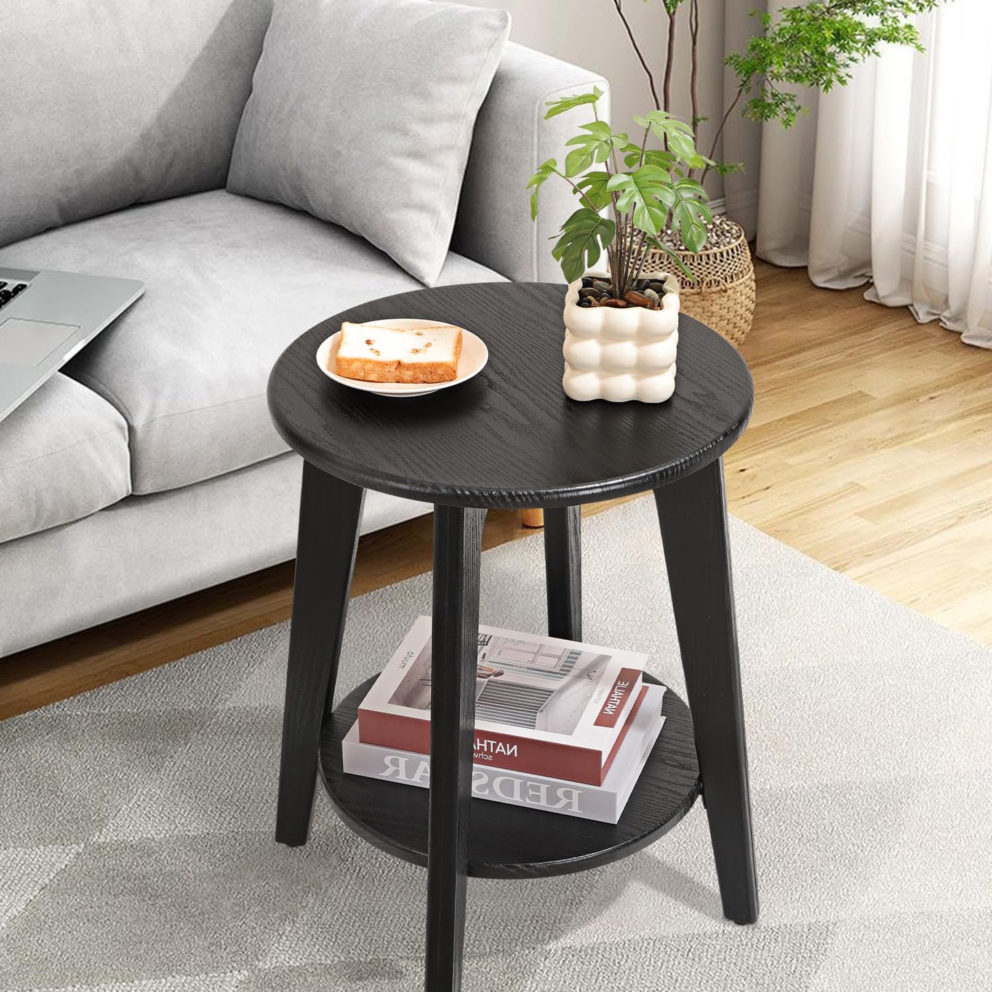 FEUFOAM 2-Tier Round Side End Table Black Beside Table Sofa Table Nightstand Modern Accent Table for Small Spaces Living Room Bedroom 40W x 52H cm
