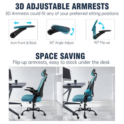 GGCIR Office Chair with Headrest,Mesh Desk Chair with Flip-up Armrests,90-120° Rocking Function,Ergonomic Computer Chairs 150KG(Blue)