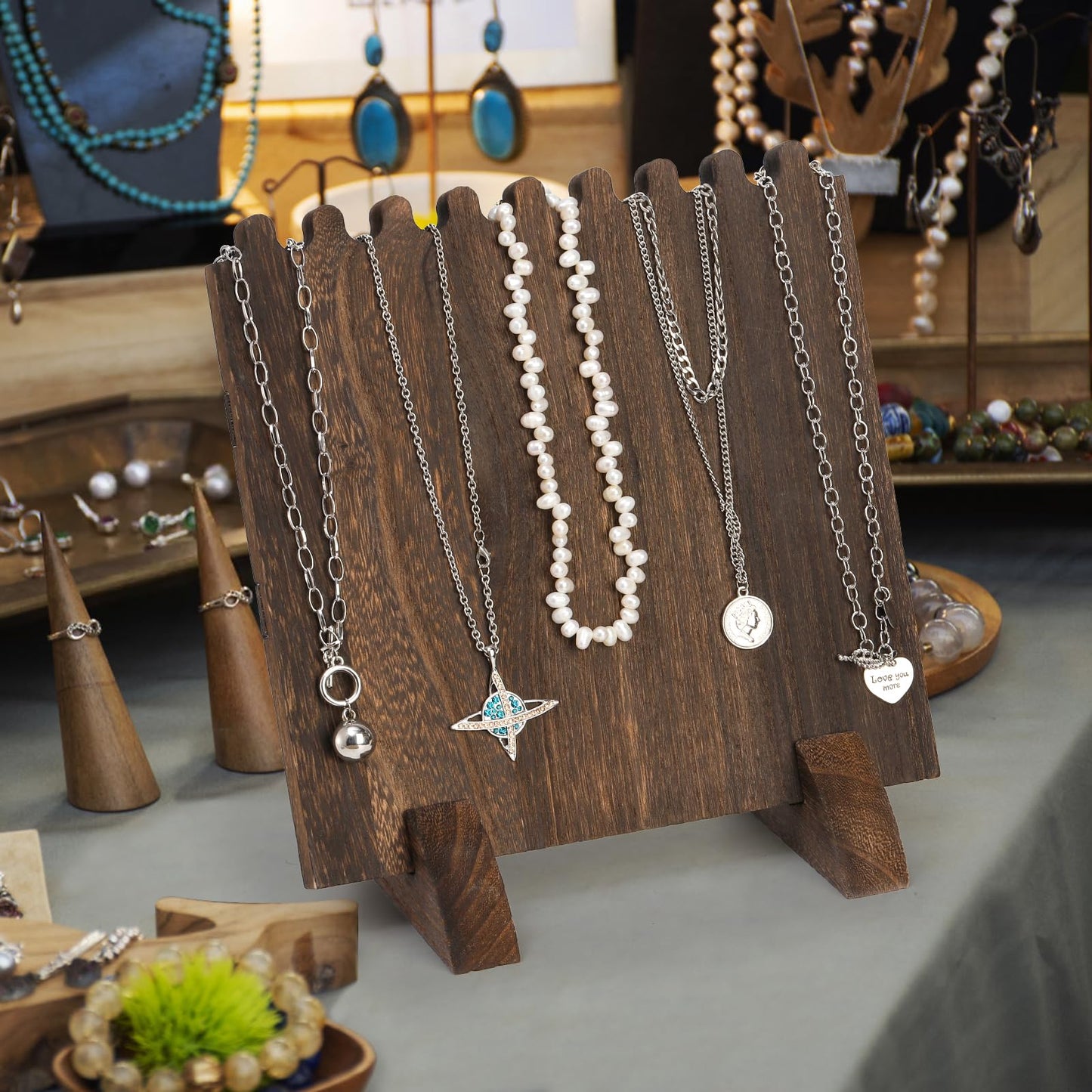 ZOOFOX Set of 2 Wood Necklace Display Stand for Selling, Freestanding Jewelry Easel Display Stand for 16 Necklaces