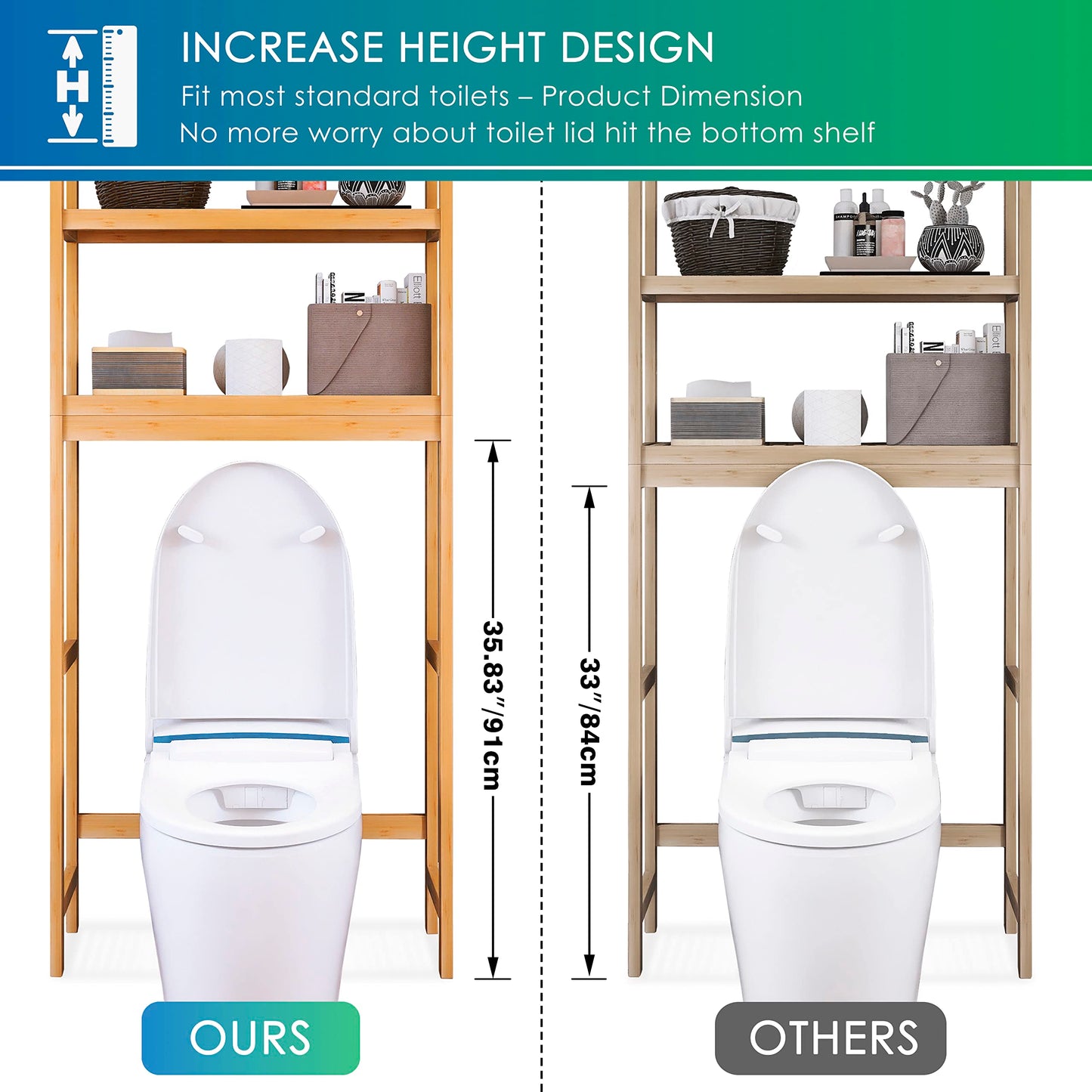 SMIBUY Bathroom Storage Shelf, Bamboo Over-The-Toilet Organizer Rack, Freestanding Toilet Space Saver with 3-Tier Adjustable Shelves (Natural)