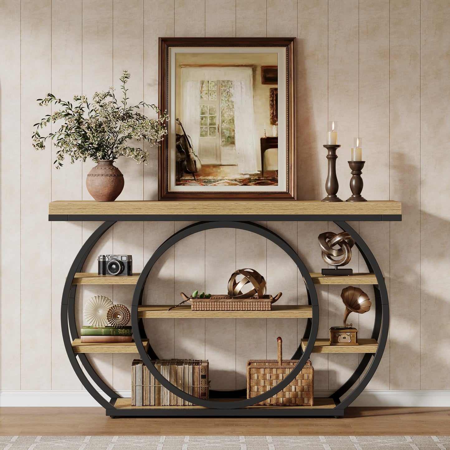 Tribesigns Circle Base Console Table | Narrow Entryway Table 120x30x80cm | 4-Tier Storage Shelf | Industrial Farmhouse Hallway Sofa Table,Rustic