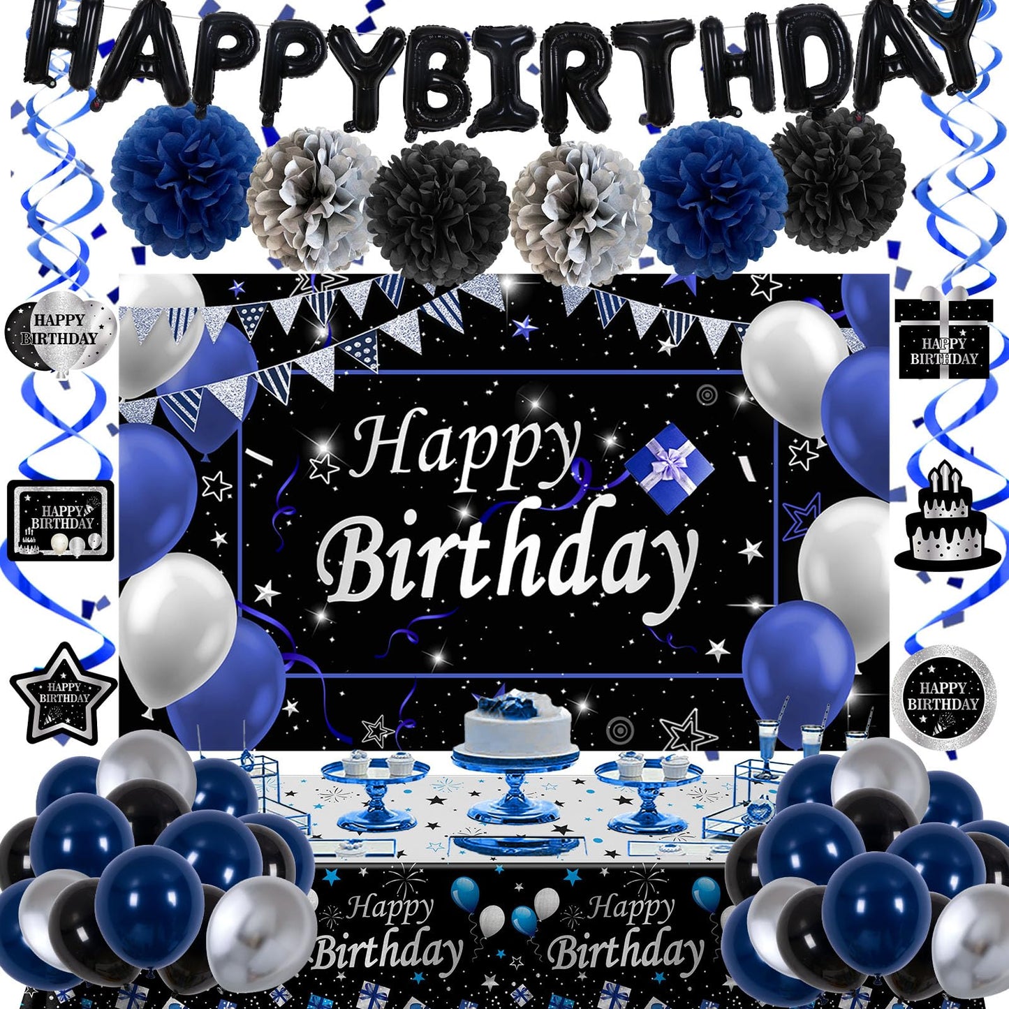 Navy Blue and Black Birthday Decorations for Men Boys Women Girls, Blue and Silver Party Decorations Happy Birthday Balloons Banner Backdrop Hanging