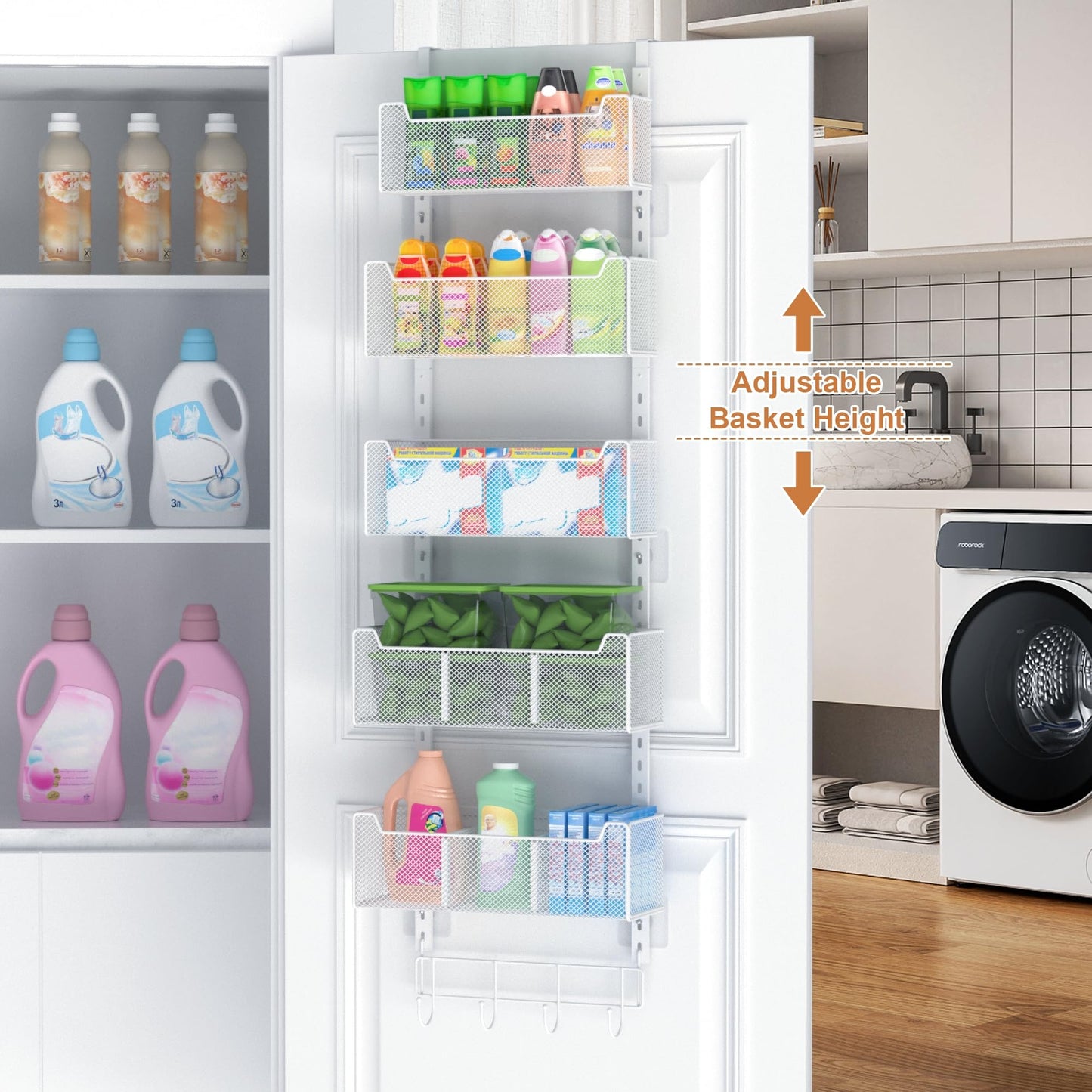 VyGrow Over The Door Storage, Metal Door Organiser Hanging with 5 Adjustable Baskets and Coat Hook
